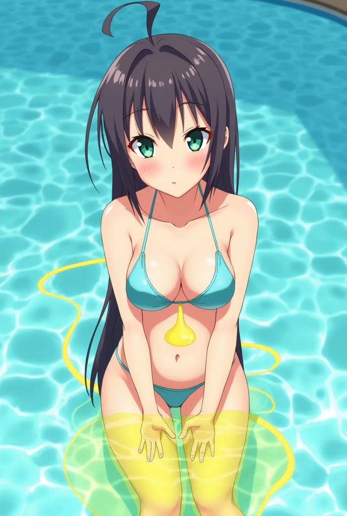 Anime, girl, girl in a swimsuit, girl in a swimsuit with a tube that is inserted into the pussy, pissing, pissing herself, pissing with yellow urine, pissing into a tube that is inserted into the pussy, yellow urine flows out of a tube that is inserted into the pussy, urine flows into the pool, bright yellow urine dissolves in the pool