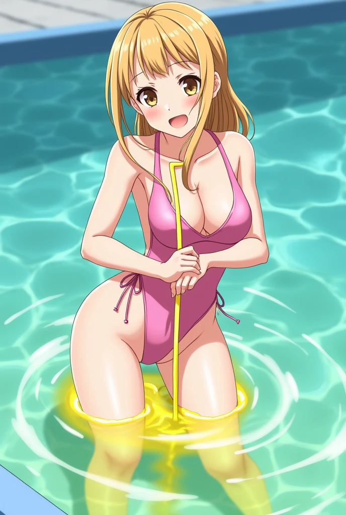 Anime, girl, girl in a swimsuit, girl in a swimsuit with a tube that is inserted into the pussy, pissing, pissing herself, pissing with yellow urine, pissing into a tube that is inserted into the pussy, yellow urine flows out of a tube that is inserted into the pussy, urine flows into the pool, bright yellow urine dissolves in the pool