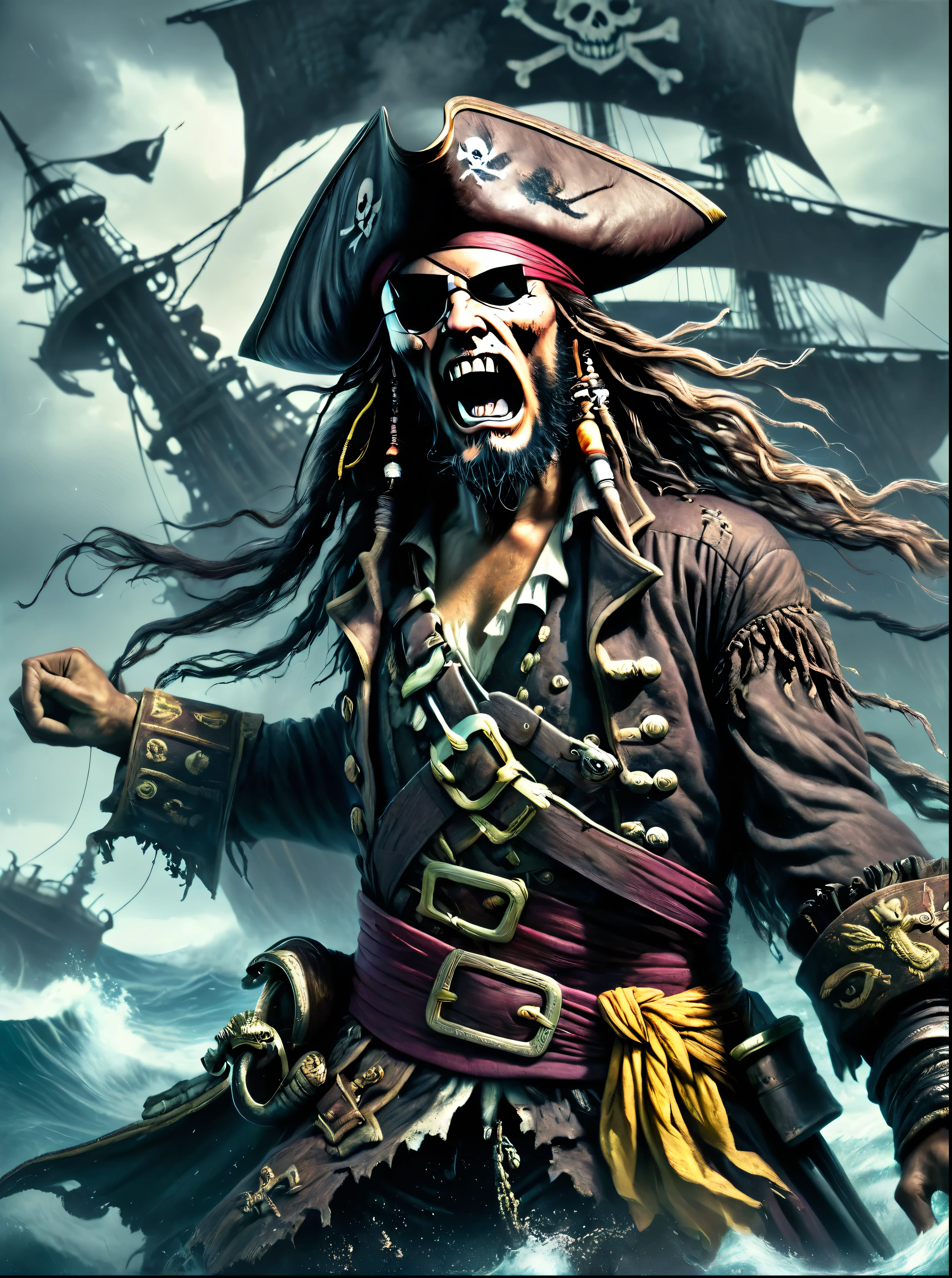 (Pirate Wars:1.9),(A dark fantasy style scene of a pirate on his ship battling a Kraken. The pirate, with an Asian descent and male gender, stands bravely on the ship's deck. He wields a cutlass and the ship is tattered, evidencing numerous past battles. Emerging from the turbulent sea, the monstrous Kraken unfurls its giant tentacles, reaching for the ship and the pirate. The overall ambience is ominous and foreboding, with stormy seas and dark clouds overhead). (whole body:1.3), Rich expression, gloomy, Gothic horror, illustration, Strange, exaggerated, The background is Pirate Wars,Dark theme elements, Pencil Sketch