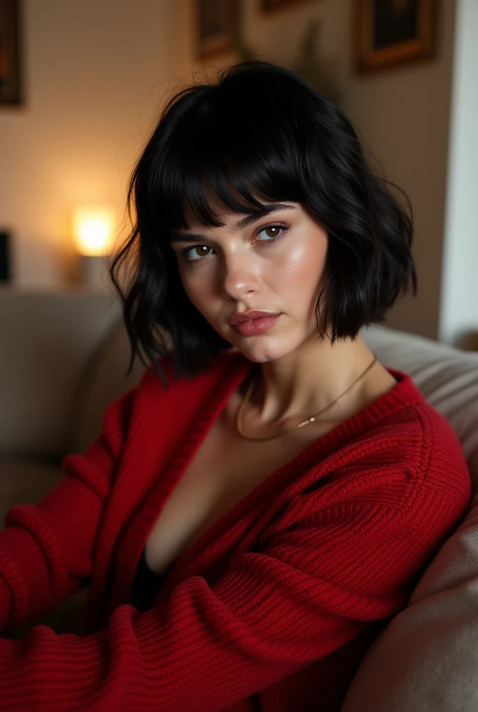Create a German girl with black bangs and short hair. big boobs and medium ass, white and with a naughty face. Wearing a sexy red sweater at home