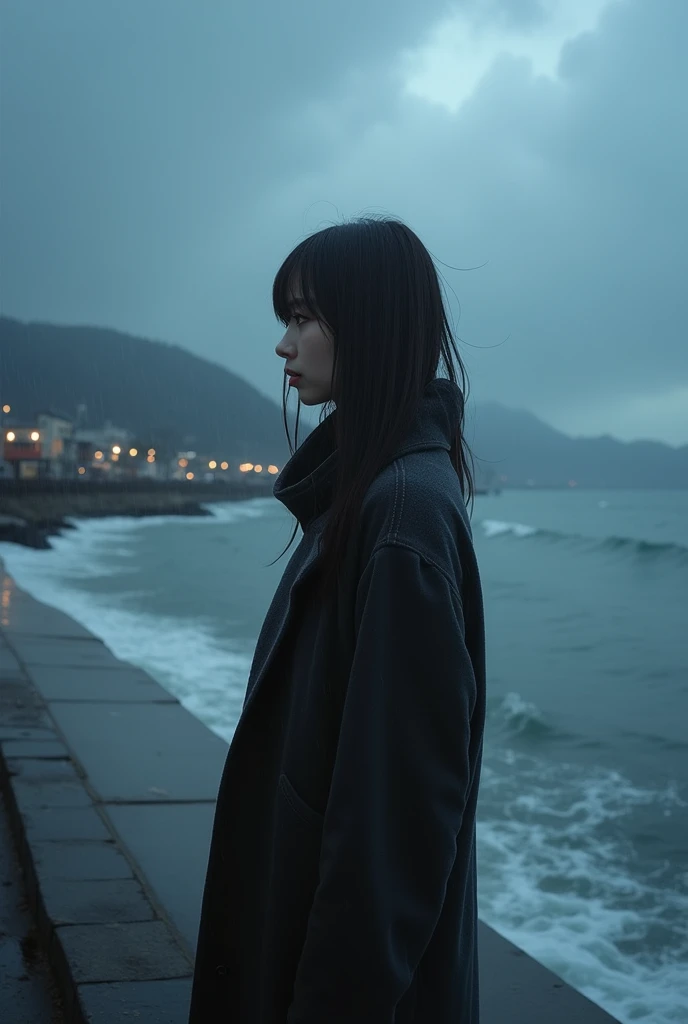 masterpiece、Highest quality、Movie stills、　Minami　((Winter cold))　background　　Calm sea　Breakwater　Tranquility　Looking into the distance　Cloudy　cloudy　Sad　（By boat　Seaside Road）　　((gray　cloudy　cloud　Ephemeral　, cloudy　cloudy　)) rain　rainの日　　bad weather　Side Shot　night　night中