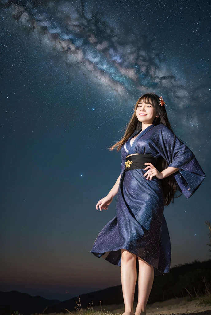 High resolution, masterpiece, Textured skin, Very long hair, Ahoge, Colorful Hair, Parted bangs, Hair blowing in the wind, Large Breasts, smile, Full Body Portrait,Beautiful starry sky,milky way,A dress like a kimono,Romanticism, 