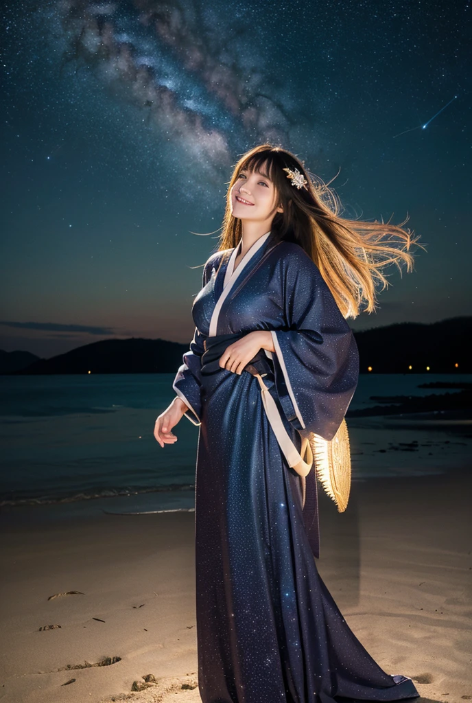High resolution, masterpiece, Textured skin, Very long hair, Ahoge, Colorful Hair, Parted bangs, Hair blowing in the wind, Large Breasts, smile, Full Body Portrait,Beautiful starry sky,milky way,A dress like a kimono,Romanticism,