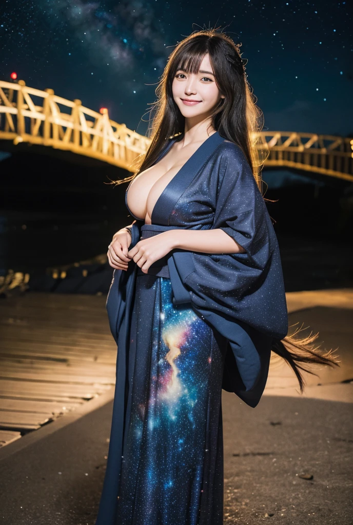 High resolution, masterpiece, Textured skin, Very long hair, Ahoge, Colorful Hair, Parted bangs, Hair blowing in the wind, Large Breasts, smile, Full Body Portrait,Beautiful starry sky,milky way,A dress like a kimono,Romanticism,
