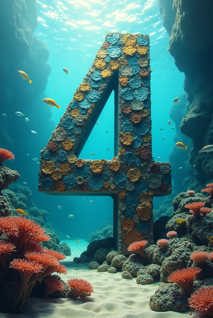 Number 4, made of steal, fish and old paper, inside the ocean, fish made with broken