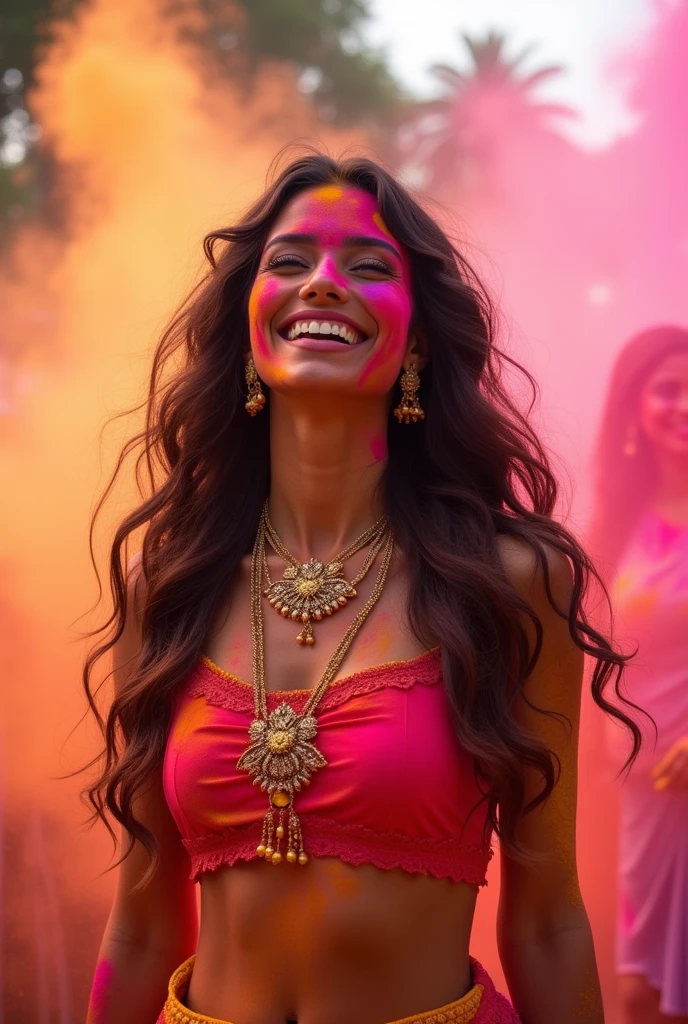 best picture quality,4k,8k,high-definition,masterpiece:1.2),Ultra-detailed,(lifelike,lifelike,lifelike:1.37)。Indian festivals,Naked, breast visible, genitals visible, paint festival,holi paint1.37 beautiful Indian woman,Colorful paint on face,Holi festival, brown eyes,exquisite gold jewelry,happy,long wavy brown hairs, hapiness,Contagious smile,Naked,colored nails,Holi paint on body,Splashes of colorful paint at events,holi celebration background,Color spray painting,Energetic movement,Dynamic and powerful abstract art,rich colors,propylene,Vivid rainbow hues,hapiness lively atmosphere,bright orange,Pink,