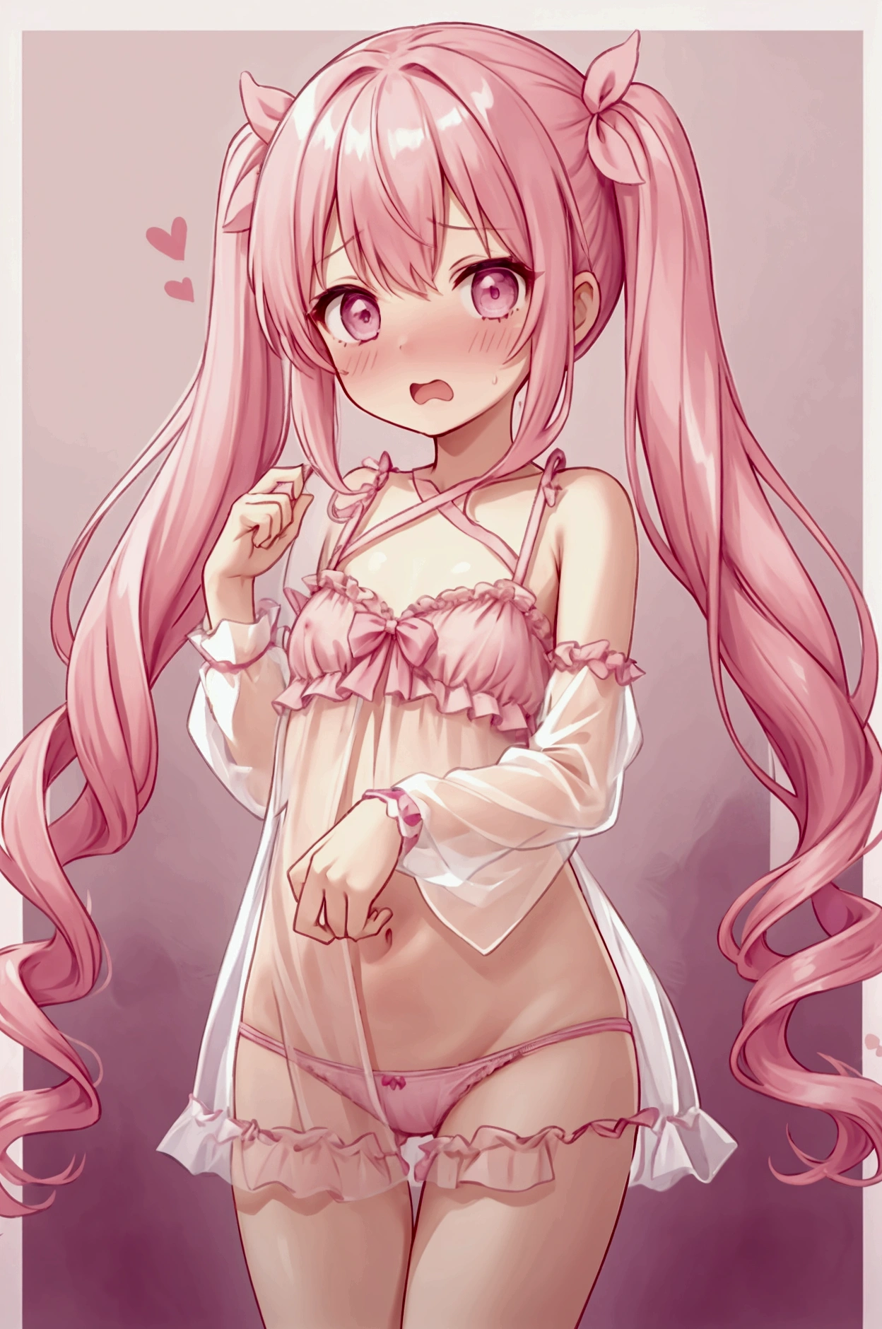 Girl、Vertical Roll、Drill Roll、Twin tails、Pink Hair Color、Embarrassed、Open your mouth、Pink nightgown、See-through、Flat Chest、Nipples are visible through the、Pink Panties