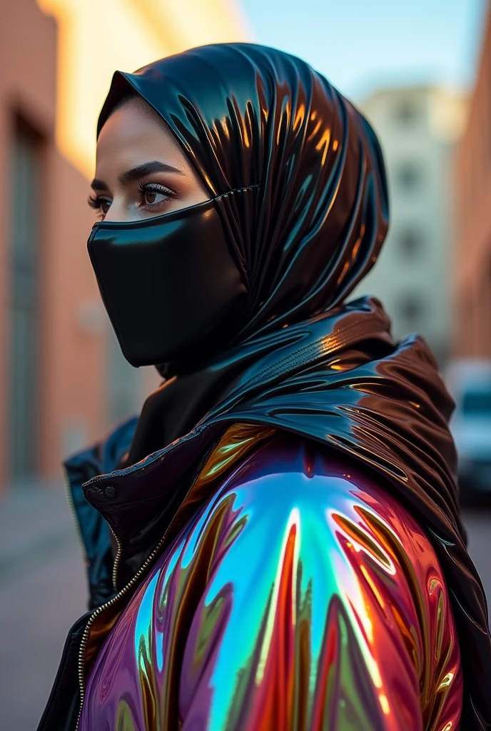 close up beautiful 30 year old hot girl.
She wears a very shiny plastic hijab on her head.
with a very shiny black plastic mask on his face.
wearing a long shiny plastic puffer jacket.
she wears a long traditional Arabic Caftan dress made of very shiny plastic.