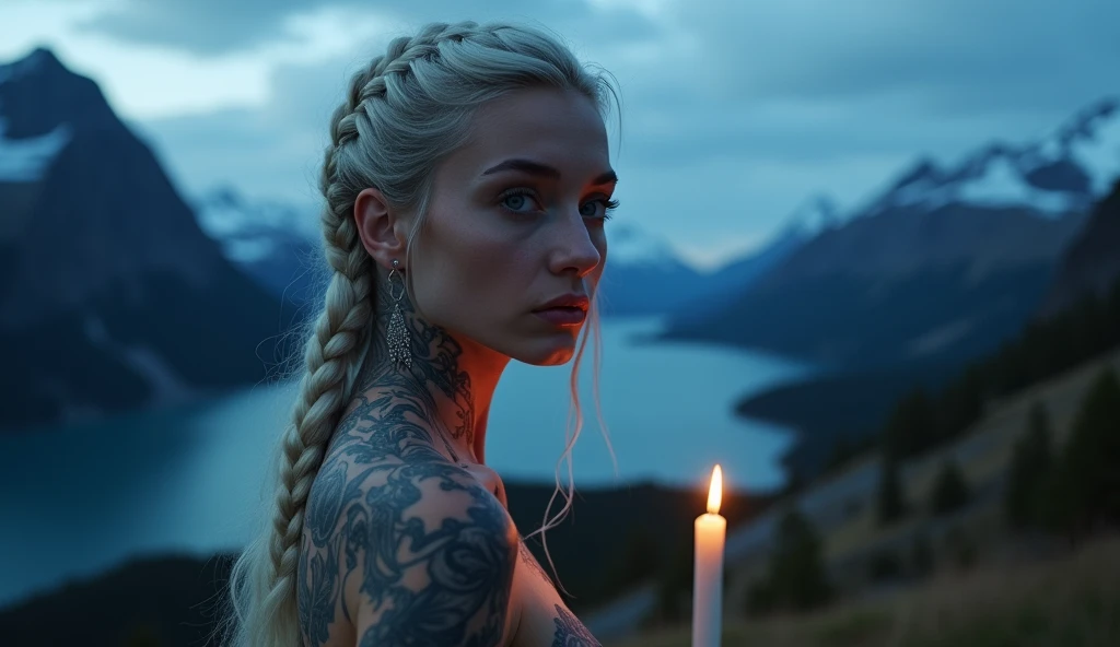 tatuados,Very beautiful big breasts、(Tears),(Back tattoo、Many tattoos on both arms and neck)、 (Pulkovo mountain at night,Spectacular views of fjords and glaciers),Candlelight only,Very detailed, 21 years old, A beautiful woman,Depressed face, Platinum Blonde Hair,Braided Hair, blue eyes, High resolution, masterpiece, Highest quality, Intricate details, Very detailed, Clear focus, Delicate skin, practical skin texture, texture, Delicate eyes, Professional, 8k, Sad face,despair、 Shot with Canon, 85mm, Shallow and deep, Kodak Vision Color, Exactly, Very detailed, photograph_\(Extremist\), photographpractical, practical, Post-processing, Maximum details, Roughness, Real Life, Extremist practical, Photorealism, photographgraphy, 8k ウルトラ HD, photographgraphy
