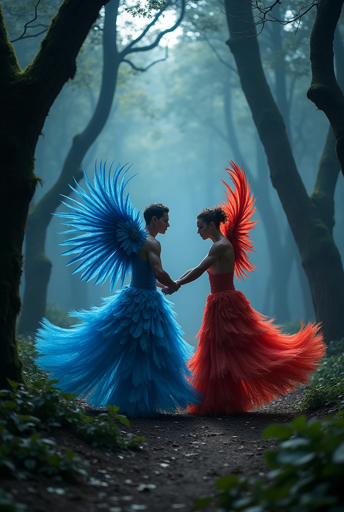 I need you to create a surreal image for me, the poetic realism of Men with feathers who dance passionately in a black and mysterious forest