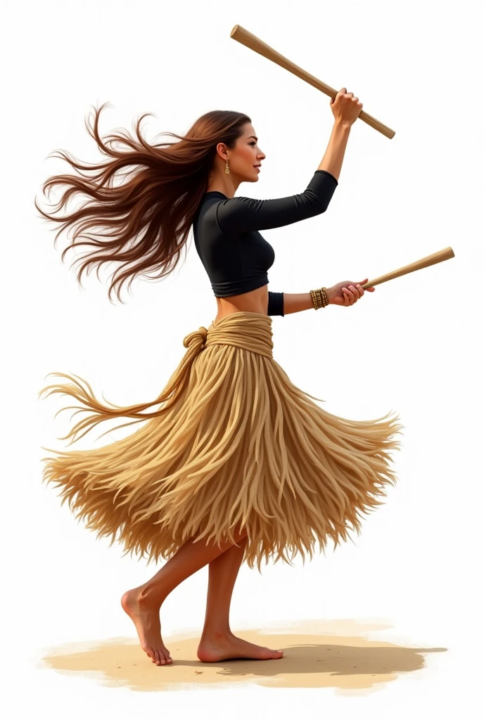 drawing of a brunette woman, wearing a black top on top, with a straw skirt, and wooden sticks in both hands, dancing maculele, with white image background