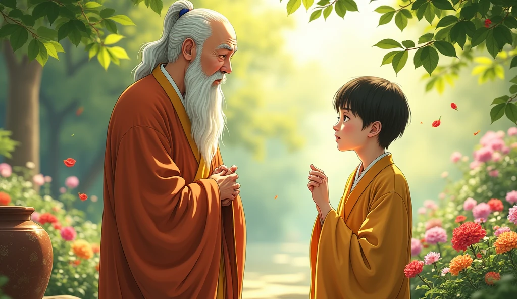 Old chinese monk master standing with his young monk desciple at beautiful garden and they are talking, in anime style, the pot placed at the edge of a flower bed,