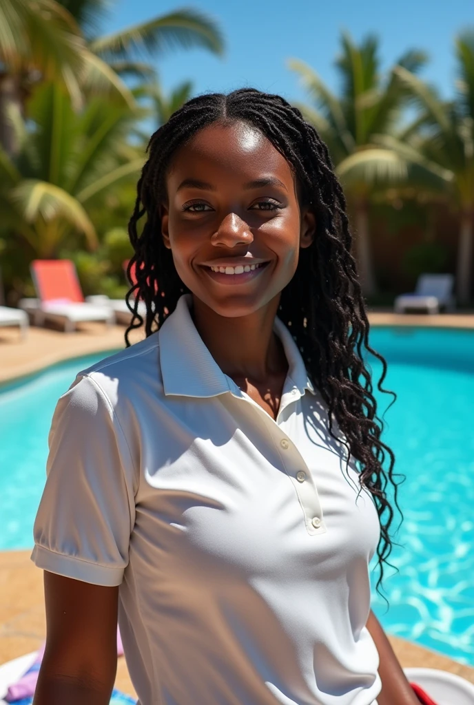 Black American girl at the pool big boobs visible through wet transparent white polo shirt  