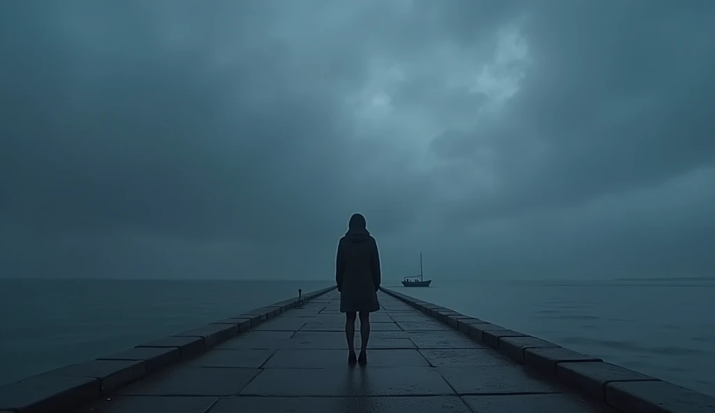 masterpiece、Highest quality、Movie stills、 Minami ((Winter cold)) background Calm sea Breakwater Tranquility Looking into the distance Cloudy cloudy Sad (By boat Seaside Road) ((gray cloudy cloud Ephemeral , cloudy cloudy )) rain rainの日 bad weather Side Shot night night中
