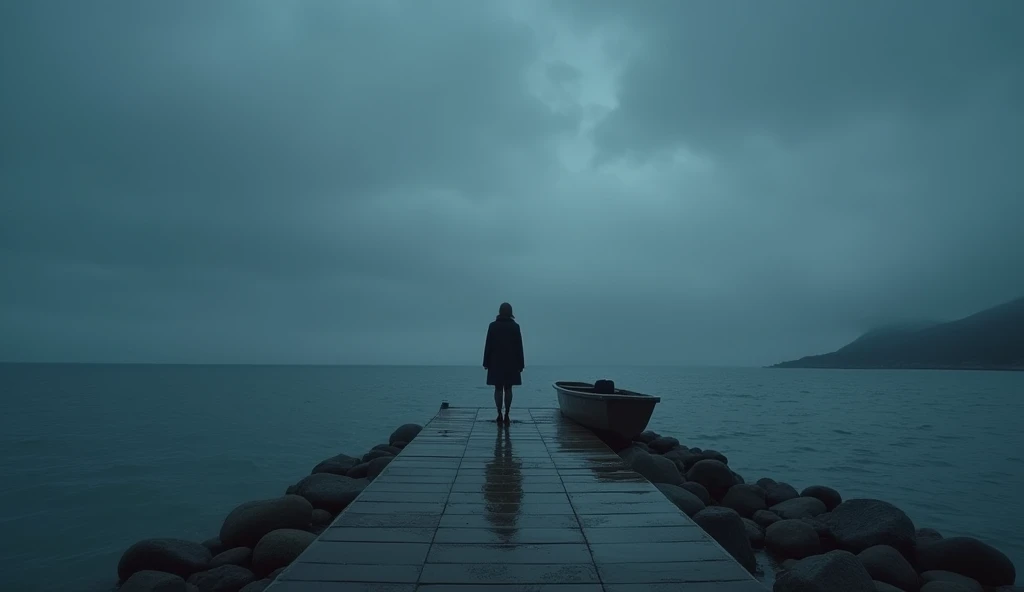 masterpiece、Highest quality、Movie stills、　Minami　((Winter cold))　background　　Calm sea　Breakwater　Tranquility　Looking into the distance　Cloudy　cloudy　Sad　（By boat　Seaside Road）　　((gray　cloudy　cloud　Ephemeral　, cloudy　cloudy　)) rain　rainの日　　bad weather　Side Shot　night　night中