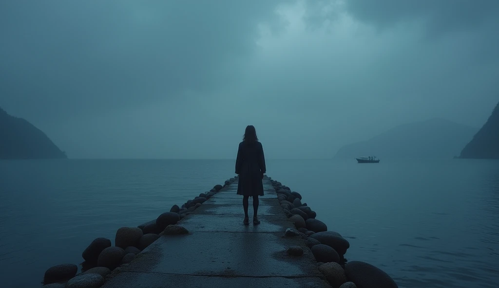 masterpiece、Highest quality、Movie stills、 Minami ((Winter cold)) background Calm sea Breakwater Tranquility Looking into the distance Cloudy cloudy Sad (By boat Seaside Road) ((gray cloudy cloud Ephemeral , cloudy cloudy )) rain rainの日 bad weather Side Shot night night中