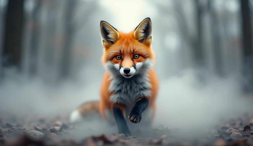 EXCITED FOX WITH SHINING EYES LOOKING AT THE CAMERA WITH A LOT OF FOG IN THE BACKGROUND AND AROUND 