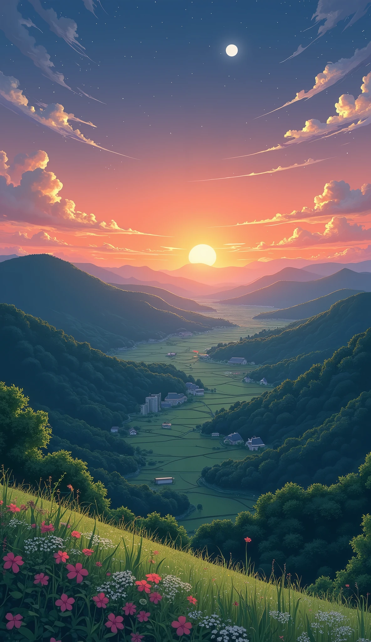 rural landscape over a valley with the moon in the distance at sunset in Studio Ghibli style.