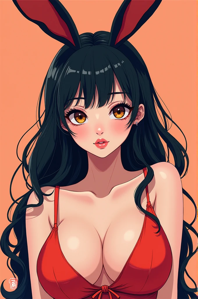 japanese woman, bunny ears, portrait , (Andy Warhol), anime, cell shading, huge breasts, cleavage, sexy, ulzzang,