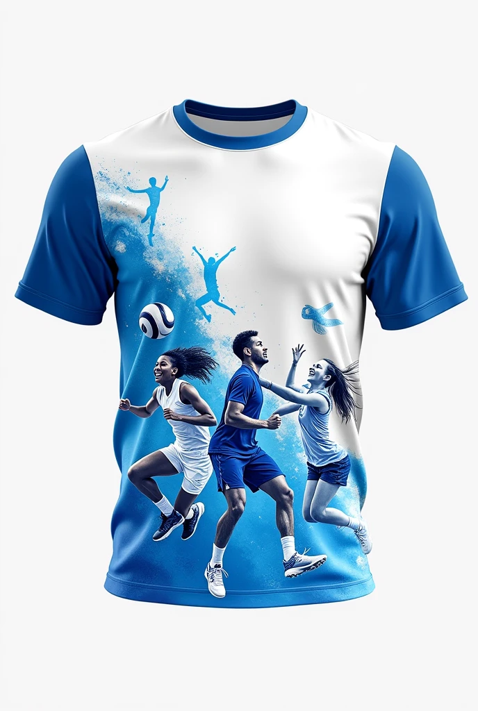 Make me a white shirt,blue neckline,blue sleeve and the blue design in front is for our intramurals and the theme is blue. The sports are basketball,volleyball,running,soccer. Make the design more interesting. Put some people doing the sports.