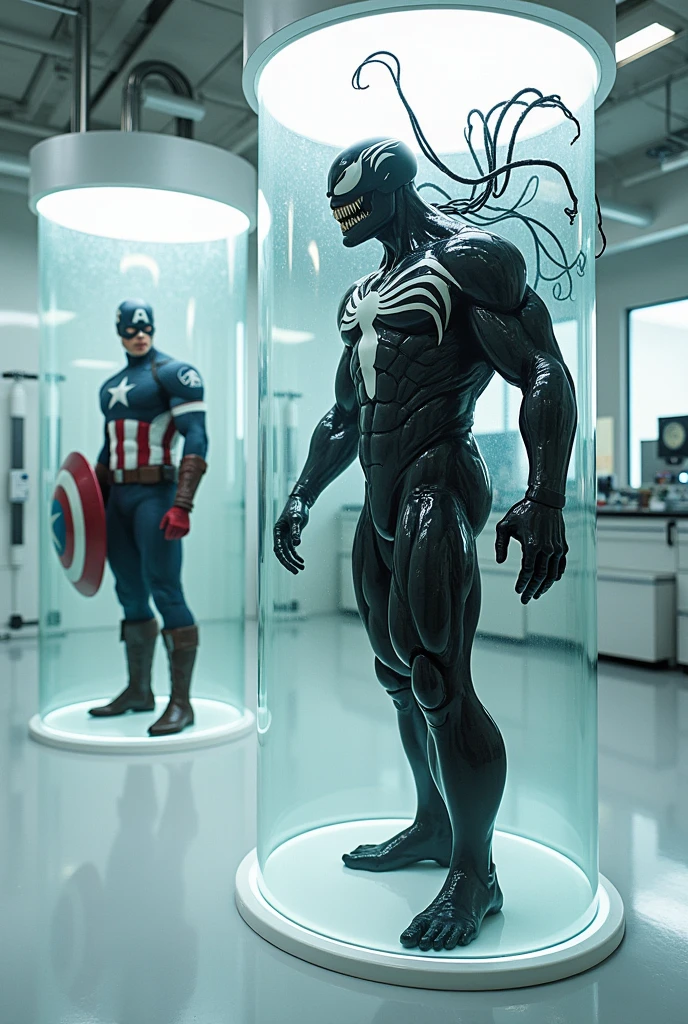 Venom and Captain America、genetic research institute。There is a large glass cylinder used for scientific experiments。They are each contained in a cylinder。