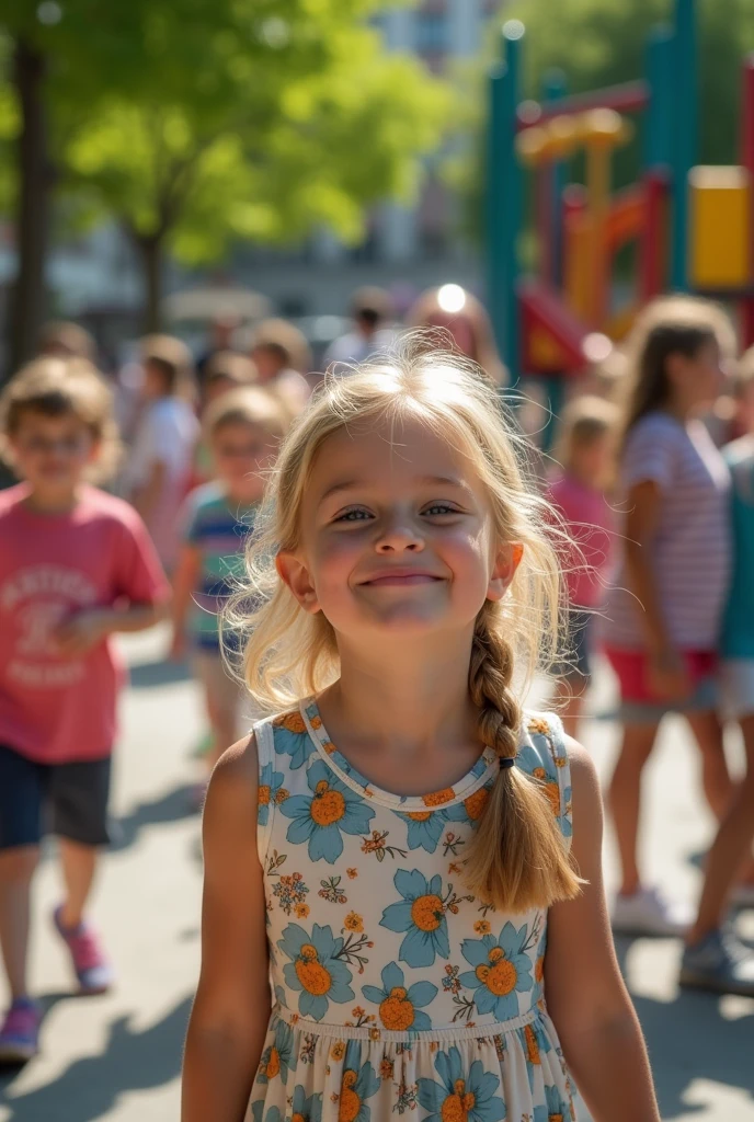 blonde, moche, prise en photo dans un square avec d'autres enfant. La photo est prise en hauteur. La fille regarde la caméra et fait une pose d'enfant.