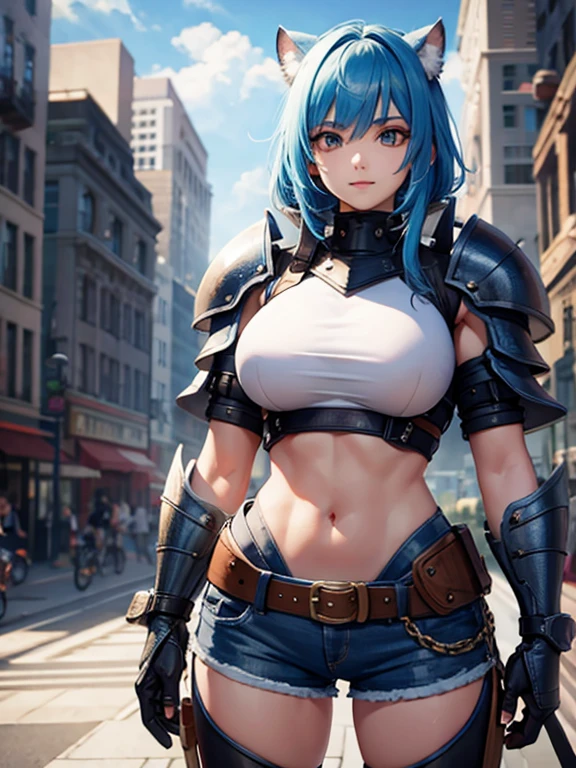 Anthropomorphic lizard、Anthropomorphic lizardと人間のハーフの、Face is a human girl、About 15 years old、Heavy Armor、Blue Skin、Blue Hair、I wear a sports bra because I have large breasts.、Big eyes、Sharp eyes、Attractive face、masterpiece, high quality, muscular legs、Shorts、Sword and shield at the ready、Body facing forward、