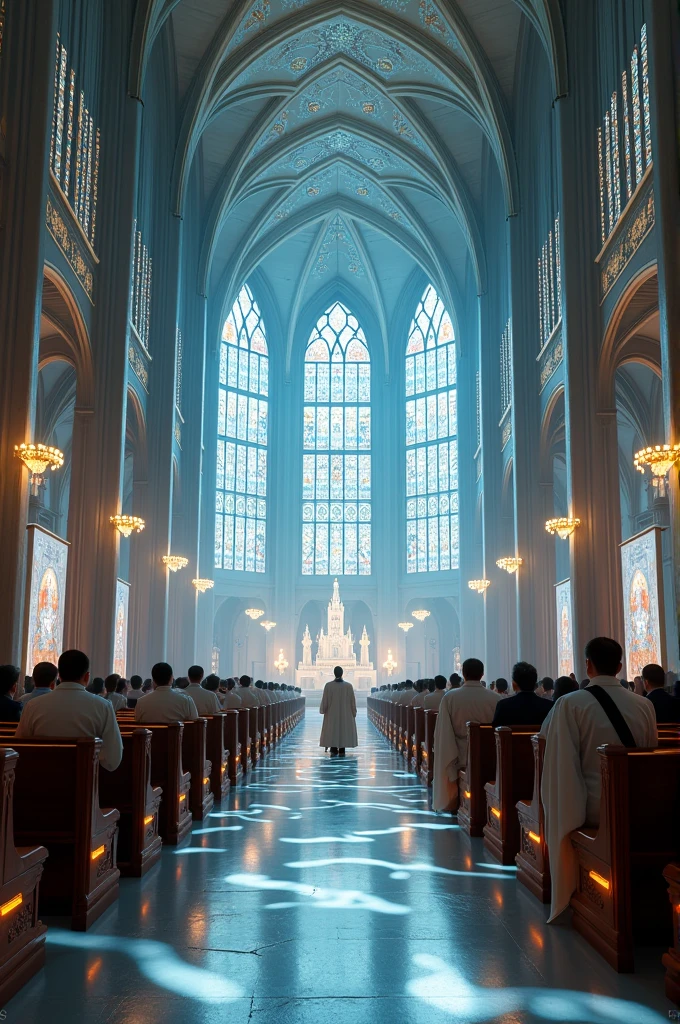 Inside a Catholic cathedral built based on futuristic technology and circuits, in a hypothetical year 3000, where white-bearded priests wear futuristic clothes and there are people praying around