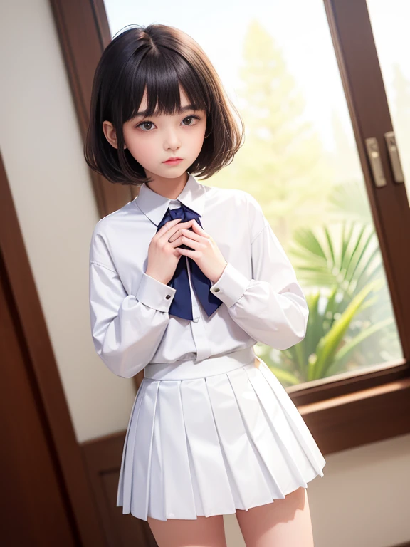 (masterpiece、Highest quality:1.7)、(11 years old:1.5)、(Above the knee shot:1.5)、Bobcut、Black Hair、85mm、16K、Official Art、RAW Photos、Best Beautiful Faces、Close-up、Violet、Gardenia、((The best beautiful girl、very cute))、Red blush on cheeks、indoor、(Are standing:1.8)、Film Grain、Chromatic Aberration、Sharp Focus、(((Nice hands、Perfect hands、Perfect Fingers、Thin and delicate fingers、A perfect body without flaws)))、Detailed face、(Slender body:1.5)、(Slender body:1.4)、(Slim upper body:1.4)、(Small and flat bust:1.7)、(Let your bangs hang down:1.8)、(Blushing:1.8)、(Low contrast lighting:1.2)、(White tight business blouse with collar:1.5)、(White bow tie blouse:1.4)、(Long sleeve: 1.3)、(A short white pleated mini skirt:1.8),(Holding his chest with his palm:1.5)、Low angle from below