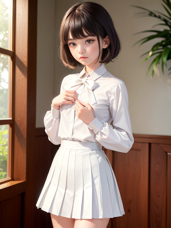 (masterpiece、Highest quality:1.7)、(11 years old:1.5)、(Above the knee shot:1.5)、Bobcut、Black Hair、85mm、16K、Official Art、RAW Photos、Best Beautiful Faces、Close-up、Violet、Gardenia、((The best beautiful girl、very cute))、Red blush on cheeks、indoor、(Are standing:1.8)、Film Grain、Chromatic Aberration、Sharp Focus、(((Nice hands、Perfect hands、Perfect Fingers、Thin and delicate fingers、A perfect body without flaws)))、Detailed face、(Slender body:1.5)、(Slender body:1.4)、(Slim upper body:1.4)、(Small and flat bust:1.7)、(Let your bangs hang down:1.8)、(Blushing:1.8)、(Low contrast lighting:1.2)、(White tight business blouse with collar:1.5)、(White bow tie blouse:1.4)、(Long sleeve: 1.3)、(A short white pleated mini skirt:1.8),(Holding his chest with his palm:1.5)、Low angle from below
