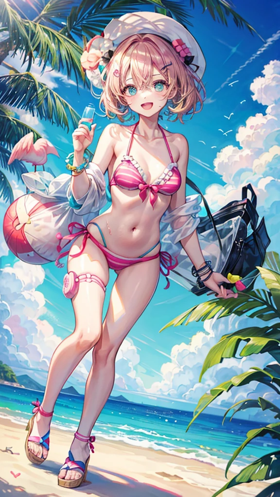 1 girl, :d , beach, summer, bikini, aqua_nails, ball beach, beach_umbrella, beachball, bird, bracelet blonde_hair, cloud, cloudy_sky, cocktail_glass, collarbone, cup, drinking_glass, drinking_straw, eyewear_on_head, flamingo, food, fruit, blue_eye, hair_between_eyes, hair_ornament, hairclip, holding, holding_water_gun, inflatable_flamingo, jewelry, knee_pads, lime_(fruit), looking_at_viewer, multicolored_hat nail_polish, navel official_alternate_costume, outdoors, pink_bracelet, pink_nails, pink bikini, sandals,
