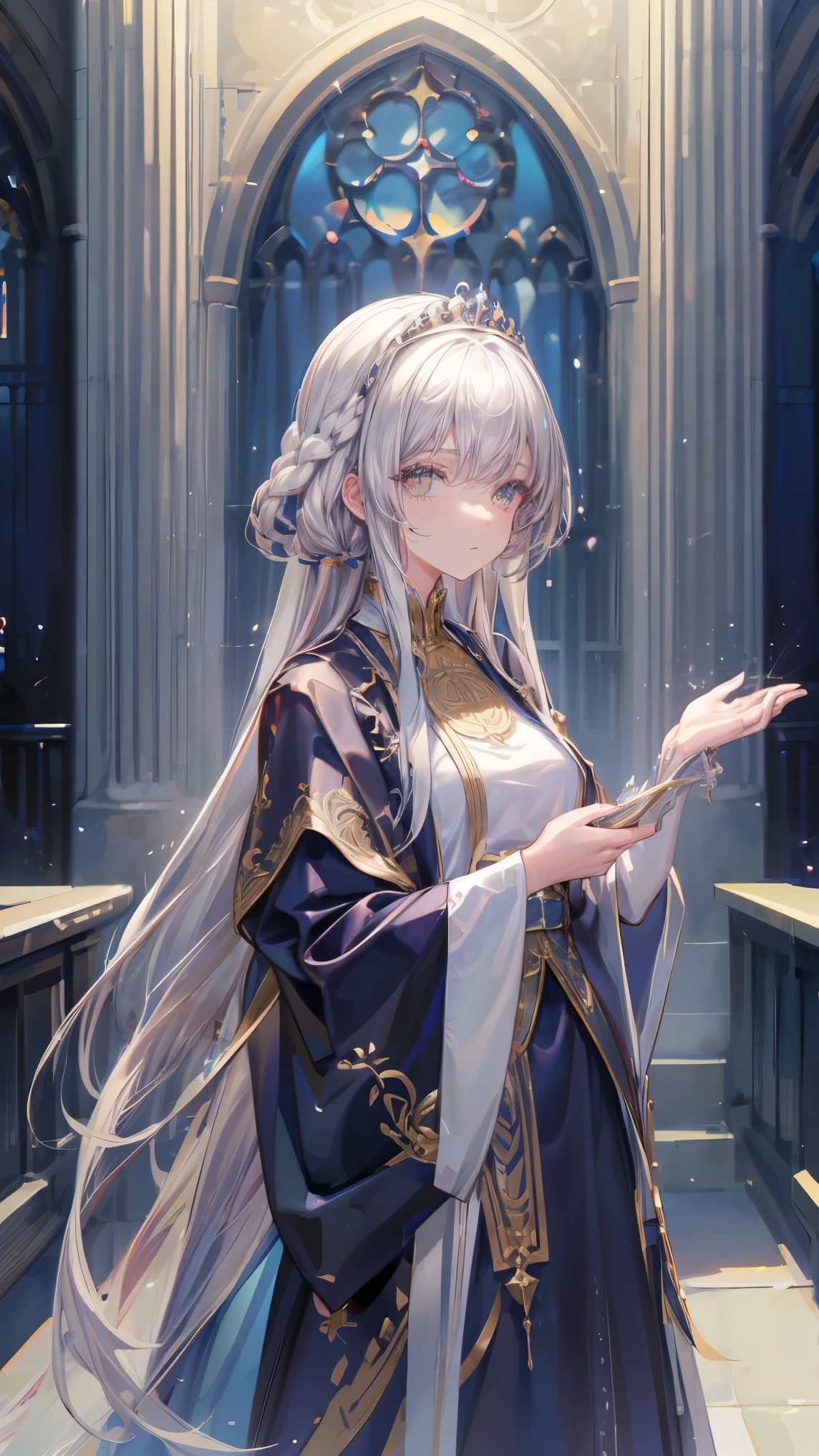 (tiara), shiny hair, hair over one eye, Gothic art, ray tracing, super detail, textured skin, masterpiece, accurate, high details, best quality, award winning, highres, A white-haired high priestess, a young and dignified girl, Standing at the altar, looking down on the faithful