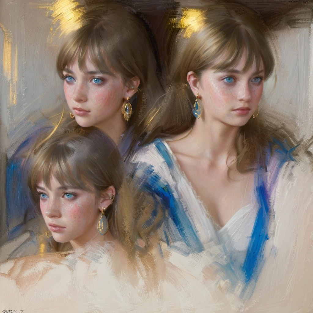 glamour shot of a young woman crying, silvery hair, bangs, (blue) eyes, (freckles), juicy lips, gold earrings, beautiful lights, iper-realistic, masterpiece, cinematic lighting, best quality, anatomically perfect.