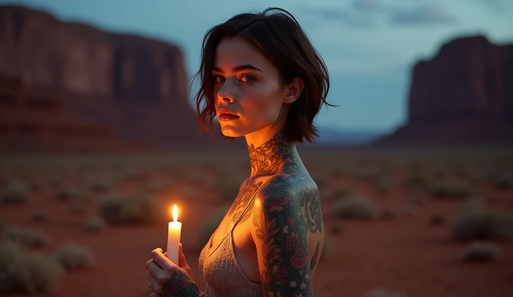 tatuados,Very beautiful big breasts、(Tears),(Back tattoo、Many tattoos on both arms and neck)、 (Monument Valley at night,A red rock mountain towering over the wilderness),Candlelight only,Very detailed, 21 years old, A beautiful woman,Depressed face, Brown Hair,short hair, blue eyes, High resolution, masterpiece, Highest quality, Intricate details, Very detailed, Clear focus, Delicate skin, practical skin texture, texture, Delicate eyes, Professional, 8k, Sad face,despair、 Shot with Canon, 85mm, Shallow and deep, Kodak Vision Color, Exactly, Very detailed, photograph_\(Extremist\), photographpractical, practical, Post-processing, Maximum details, Roughness, Real Life, Extremist practical, Photorealism, photographgraphy, 8k ウルトラ HD, photographgraphy
