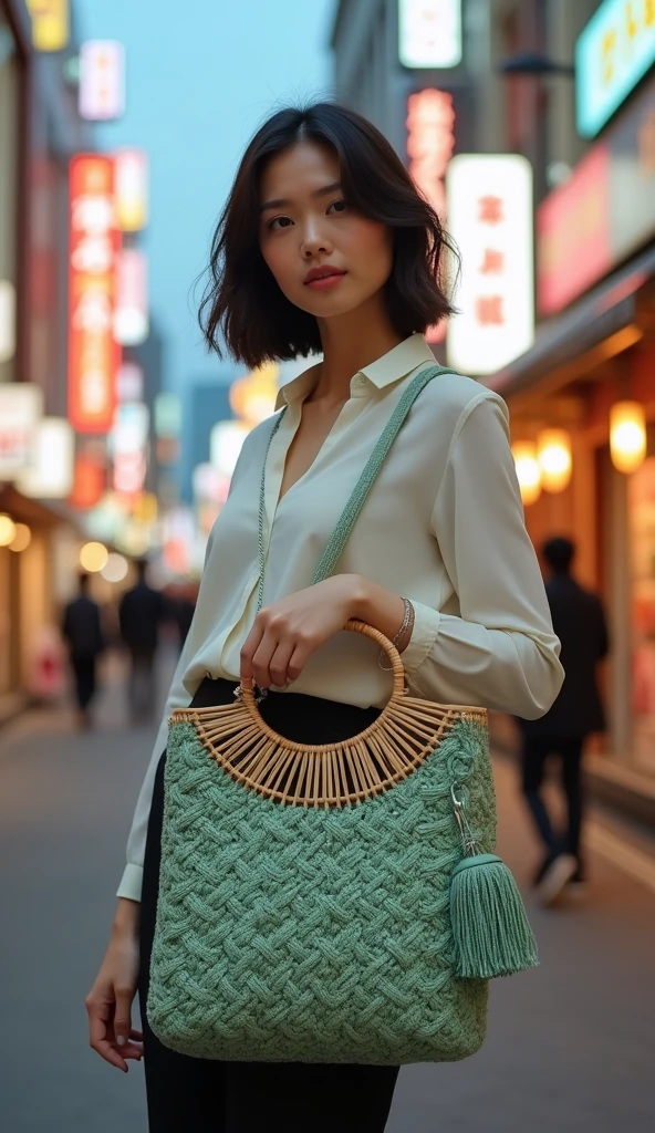 A young sophisticated woman dressed in stylish blouse holding a stylish sage green macrame handbag with a circular bamboo handle. The bag features a square knotted pattern forming diamond shapes across its body. It has a tassel detail on one side. Background is a shopping street in Tokyo. 