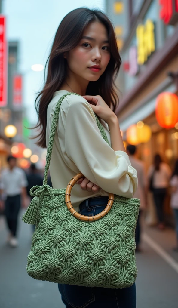 A young sophisticated woman dressed in stylish blouse holding a stylish sage green macrame handbag with a circular bamboo handle. The bag features a square knotted pattern forming diamond shapes across its body. It has a tassel detail on one side. Background is a shopping street in Tokyo.