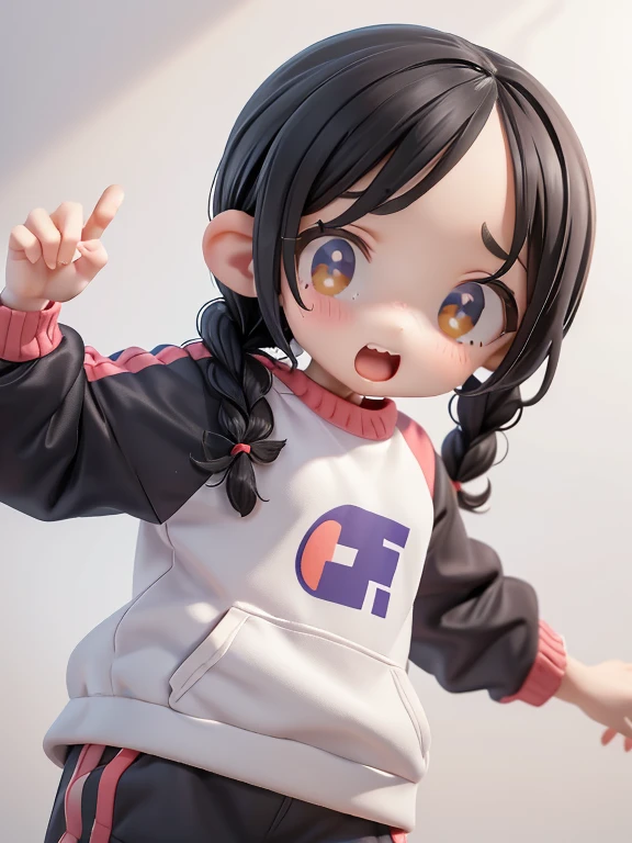 Girl、Primary school students、small、Angry、Screaming、sharp、Black Hair,、Pigtails、Braid、The forehead is visible、Forehead、Jersey、Tracksuits、Clothing patterns、Clothing Design、The front is open、whole body、