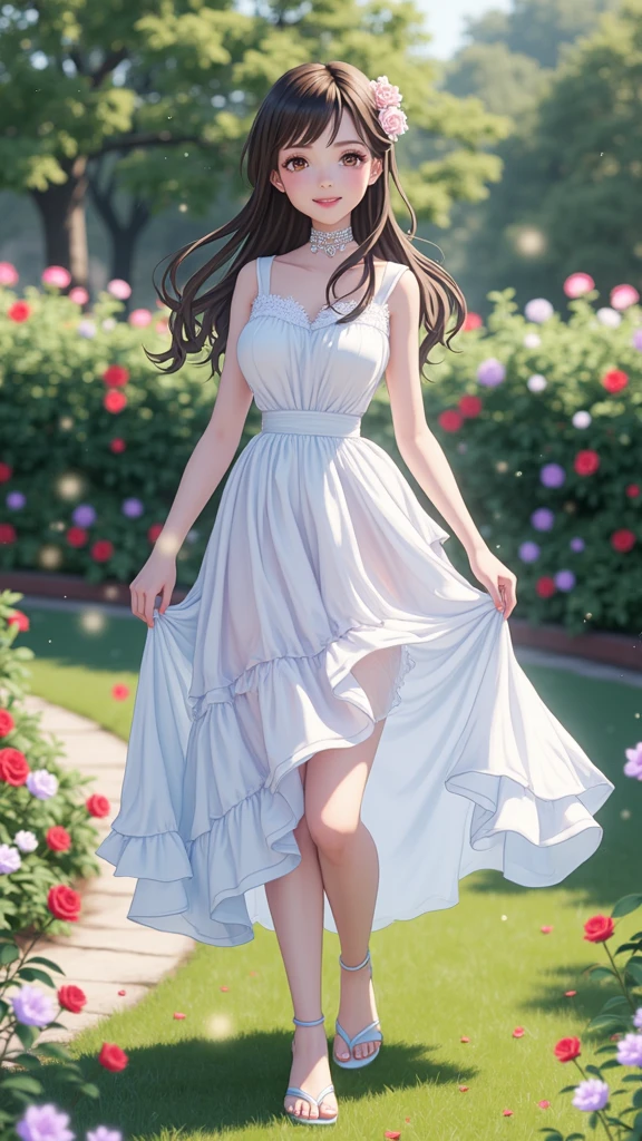 (masterpiece、Highest quality、8k、High resolution)、(One female、Beautiful Face、Beautiful eyes、Beautiful lips、Beautiful nose)、smile、The white upper teeth are faintly visible、Brown-black hair、(The best girl in anime)、garden、Colorful flowers are blooming、Vibrant colors、赤いバラが綺麗体whole bodyから神秘的な光の粒子、Colorful light particles、A mysterious light glowing around the head、melt、jewelry、necklace、dress、(whole body)、Highly detailed anime art、A complete portrayal、