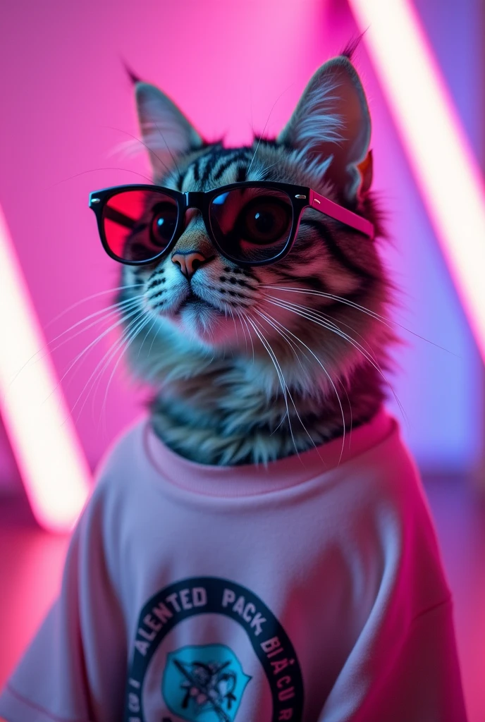 Best mobile wallpaper, Award winning wallpaper, Portrait photography, Front view is a portrait of a cute grey furred cat wearing 80s clothes, Side view shot, Taken with Canon EOS R5, Establishing a stark contrast that accentuates the subject, Fluorescent pink and lavender hue, Wearing a white t-shirt with trendy punk rock logo and sunglasses is a cool 80s style, Clothes all in a single light pink color, Beautiful background