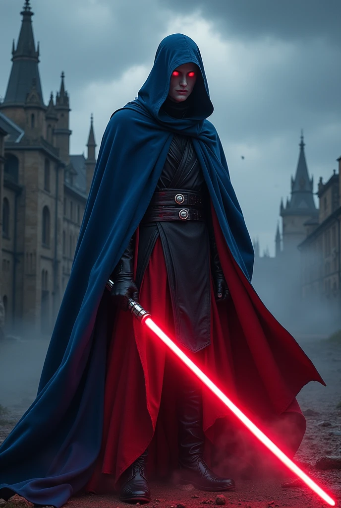 The country France as a Sith Lord from Star Wars, colors of the flag (blue, red, white), red lightsaber, scary, frightening, ultra-realistic 