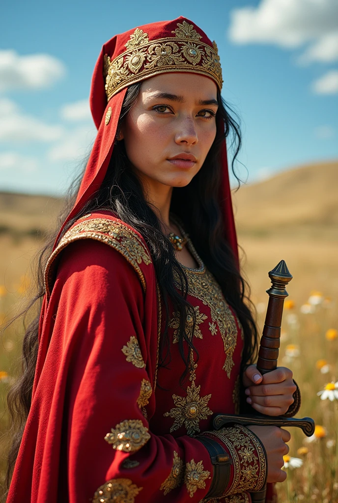 A girl warrior of the Turkic time, Kazakh appearance red headdress trimmed with gold