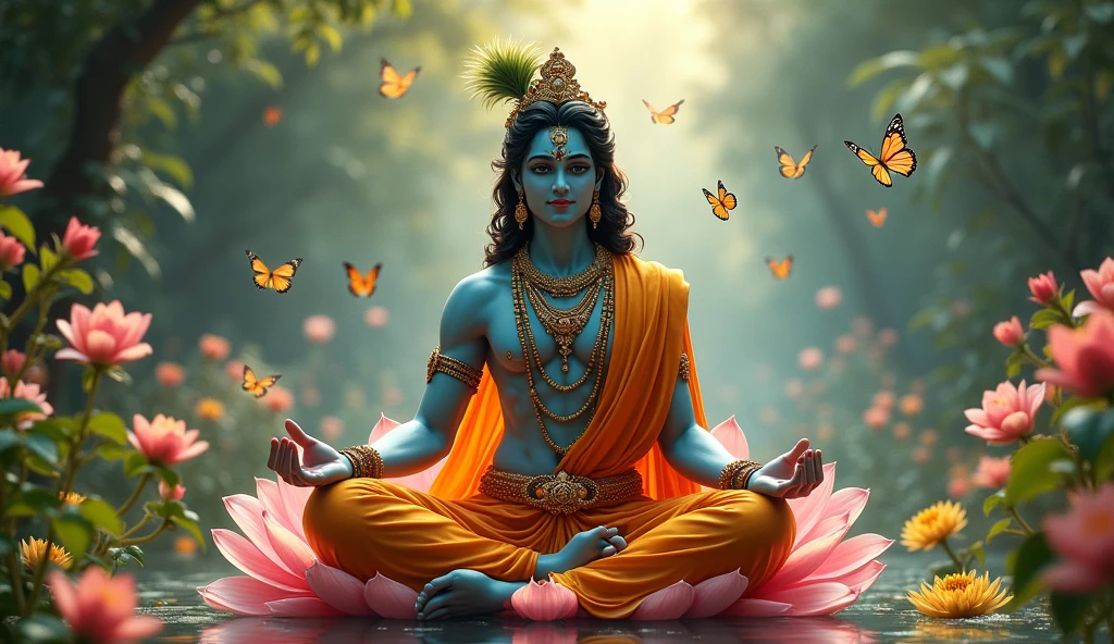 a hindu god krishna,sitting in a lotus flower pose,detailed face with beautiful eyes and lips,ornate jewelry,detailed clothing,surrounded by flowers and butterflies,intricate background with lush greenery,4k,8k,highres,masterpiece:1.2,ultra-detailed,realistic,photorealistic:1.37,vibrant colors,cinematic lighting,digital painting,concept art style