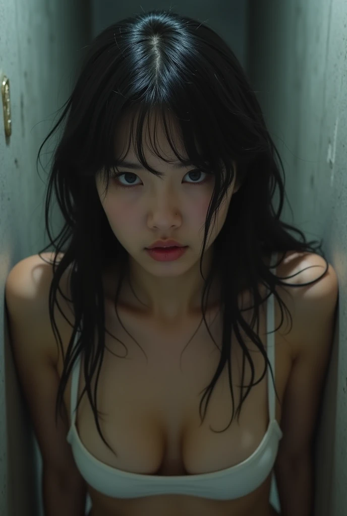 ((Highest quality、8k、masterpiece:1.3))、woman(Full body portrait、frontage、Large Breasts:1.7、internal_sauna:1.6)、Dark sauna room、fluorescent orange bikini、Top view、Sharp focus:1.2、Cute face:1.3、((Brown Hair、Ponytail Hair))、Highly detailed face、skin、Hair Texture、Sweat、Wet body、Wet Face、Wet Hair、Detailed eyes、double eyelid、White-skinned、Beautiful and delicate nose、Cute young Japanese woman、1、Looking up at the ceiling、Dynamic Angles、The muted colors and contrast of light and shadow create a melancholic feeling.、
