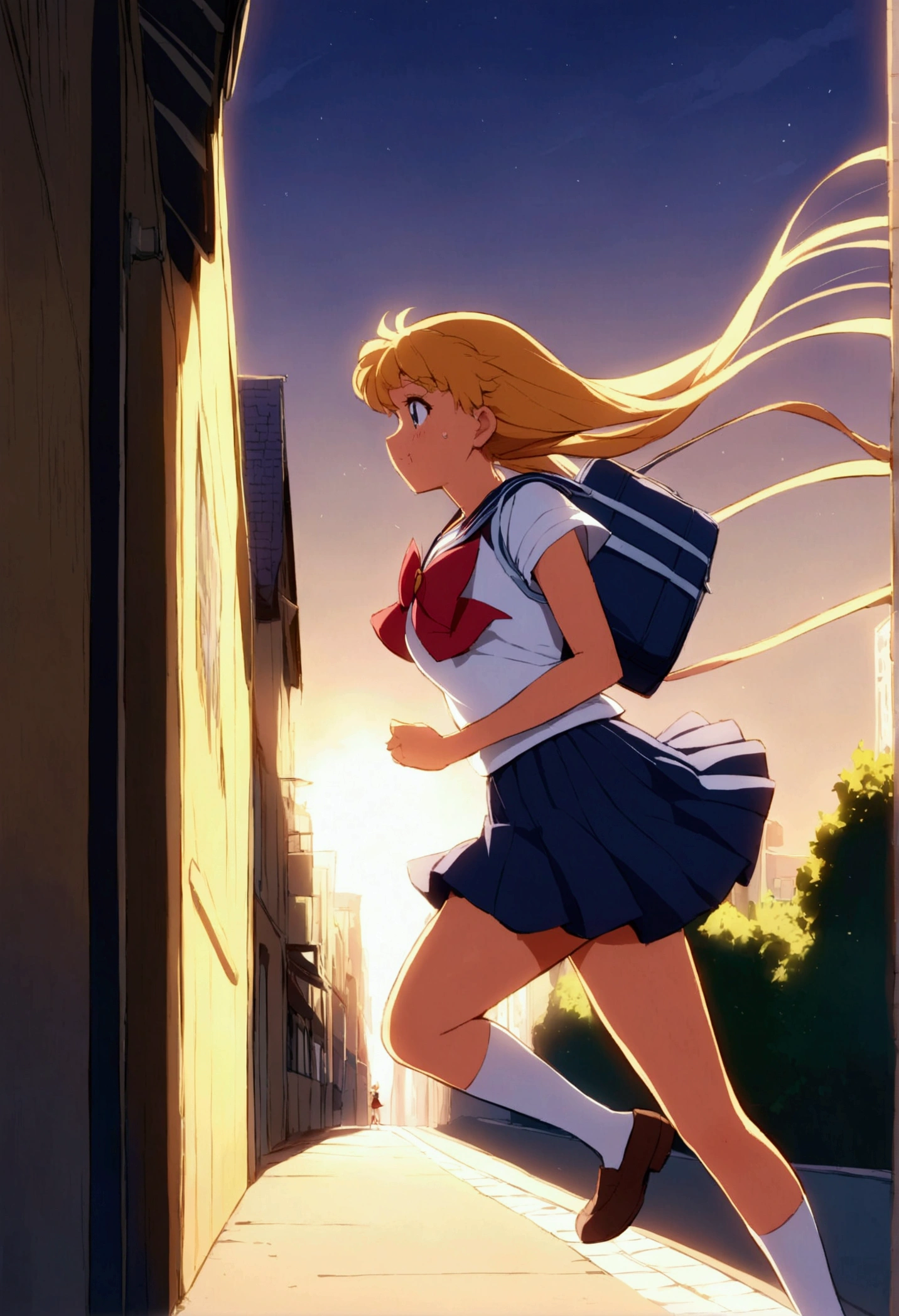 "A dynamic scene featuring a high-quality anime-style image of Usagi Tsukino from 'Sailor Moon' running in her summer school uniform. She is wearing her usual short-sleeved sailor uniform, with her school bag slung over her back. The image captures the moment she is about to trip, with one foot slightly off the ground and her arms flailing as she tries to regain her balance. The scene is filled with energy, showing her in a side view as she runs, with a slightly panicked expression on her face. The background is a bustling city street in the early morning, with motion blur effects to emphasize her speed and the urgency of the moment. The colors are vibrant, and the lighting captures the early morning sunlight, adding a soft glow to the scene."