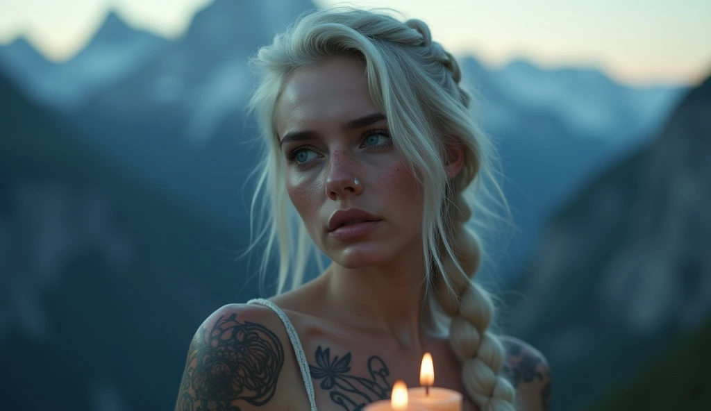 tatuados,Very beautiful big breasts、(Tears),(Back tattoo、Many tattoos on both arms and neck)、 (Late night in the Alps,Beautiful mountains in the Jungfrau region々),Candlelight only,Very detailed, 21 years old, A beautiful woman,Depressed face, Platinum Blonde Hair,Braided Hair, blue eyes, High resolution, masterpiece, Highest quality, Intricate details, Very detailed, Clear focus, Delicate skin, practical skin texture, texture, Delicate eyes, Professional, 8k, Sad face,despair、 Shot with Canon, 85mm, Shallow and deep, Kodak Vision Color, Exactly, Very detailed, photograph_\(Extremist\), photographpractical, practical, Post-processing, Maximum details, Roughness, Real Life, Extremist practical, Photorealism, photographgraphy, 8k ウルトラ HD, photographgraphy