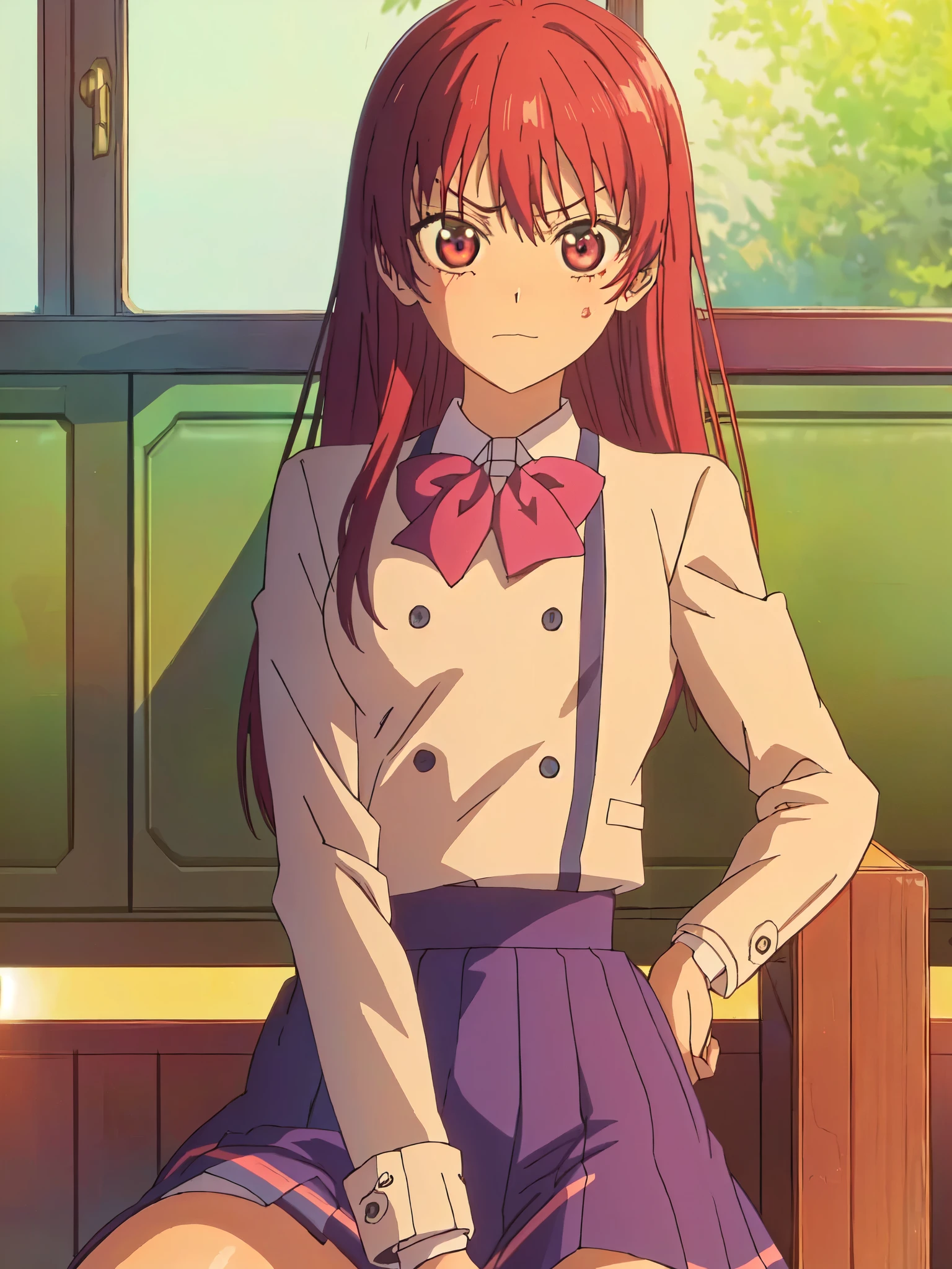((((masterpiece、Highest quality、High resolution)、anime:1.2)))、Pink hair、Beautiful with a small chest、(Dynamic pose)、looking at the camera、(Beautiful detailed face、Beautiful big eyes)、((One beautiful person))、Good sensitivity、((Sexy pose))、((Embarrassed face))、Red cheeks、Spread your legs、Wear a blazer uniform、Wear a short navy blue skirt、Sitting at a desk in a school classroom、Arms folded behind back、