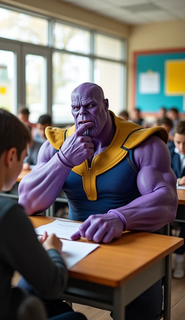 Thanos is taking a school exam while cheating