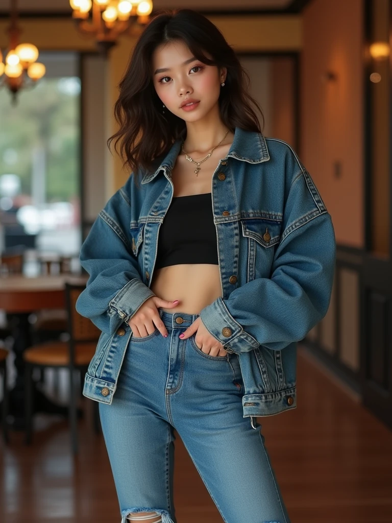 (Realistic, Photorealistic: 1.37), ((highest quality)), ((intricate details)), ((realistic)), absurd resolution,  K-Pop idol, 18 years old, young , sexy woman, point view, highly detailed photo, one girl, medium breast, wearing Oversized denim jacket with a black crop top and high-waisted jeans, completed with chunky black boots ,  standing and looking at the viewer,   perfect hands, detailed fingers, beautifully detailed eyes, medium long hair, brown eyes, Detailed indoor background, perfect eyes, enchanting eyes, looking. Viewed from the front