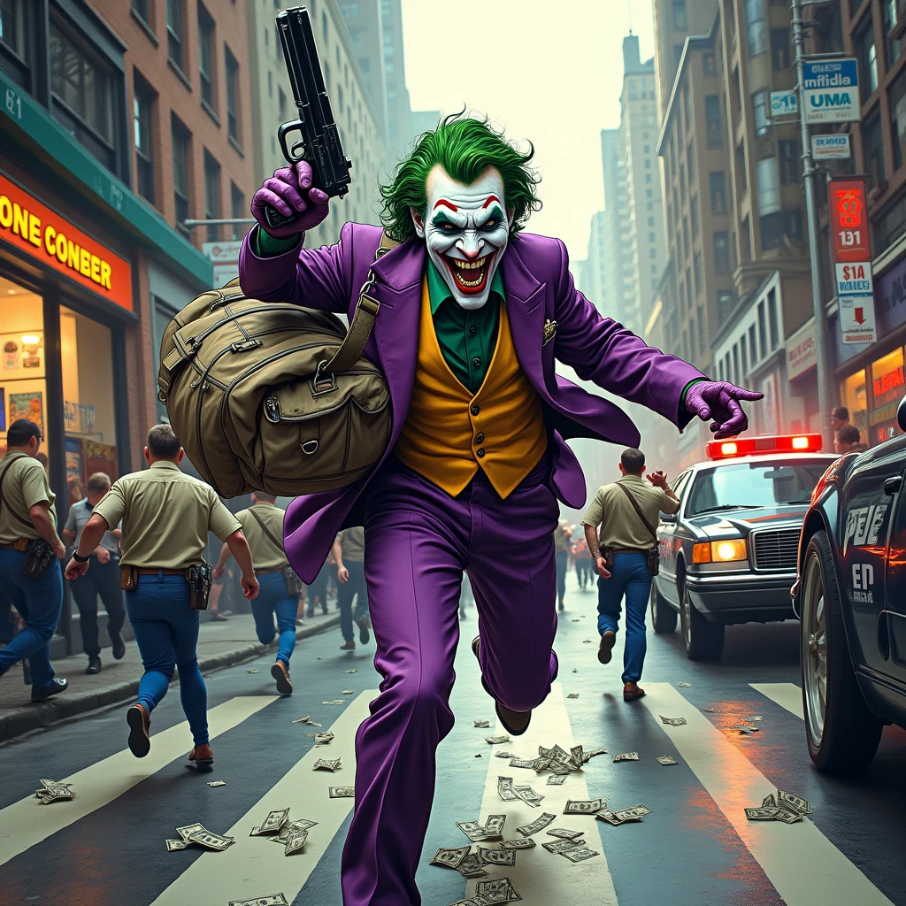 Joker steals money from the bank, chased by the police and security guards. Joker laughs while carrying a gun.