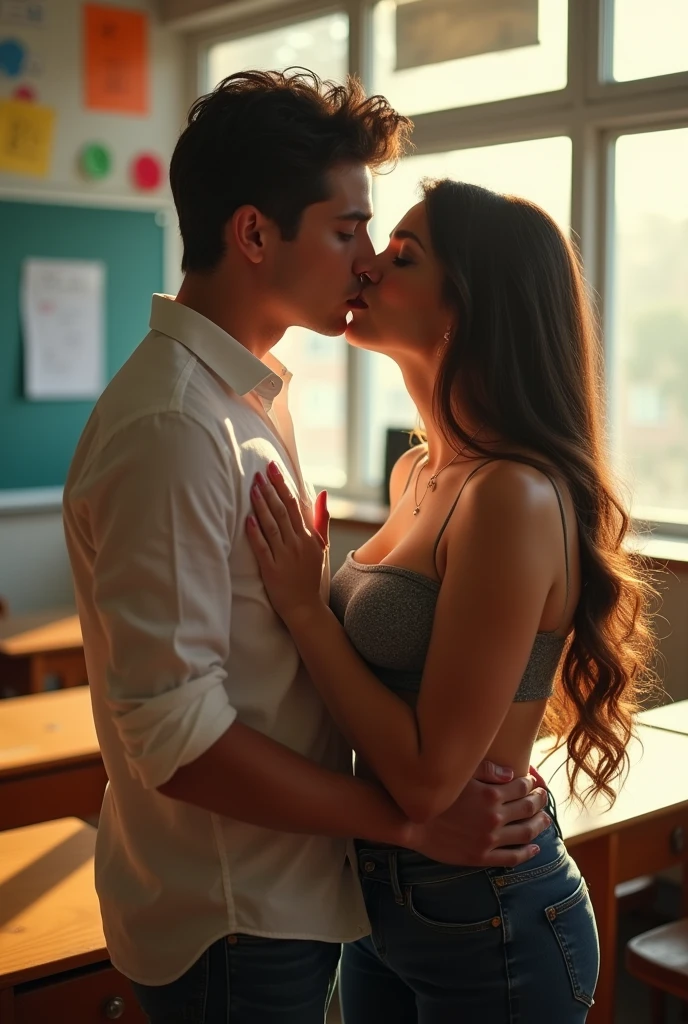 Sexy 21 years young student ((boy)) smooching naughty 55 years mature busty fat woman ((teacher)), kiss , classroom ,full body